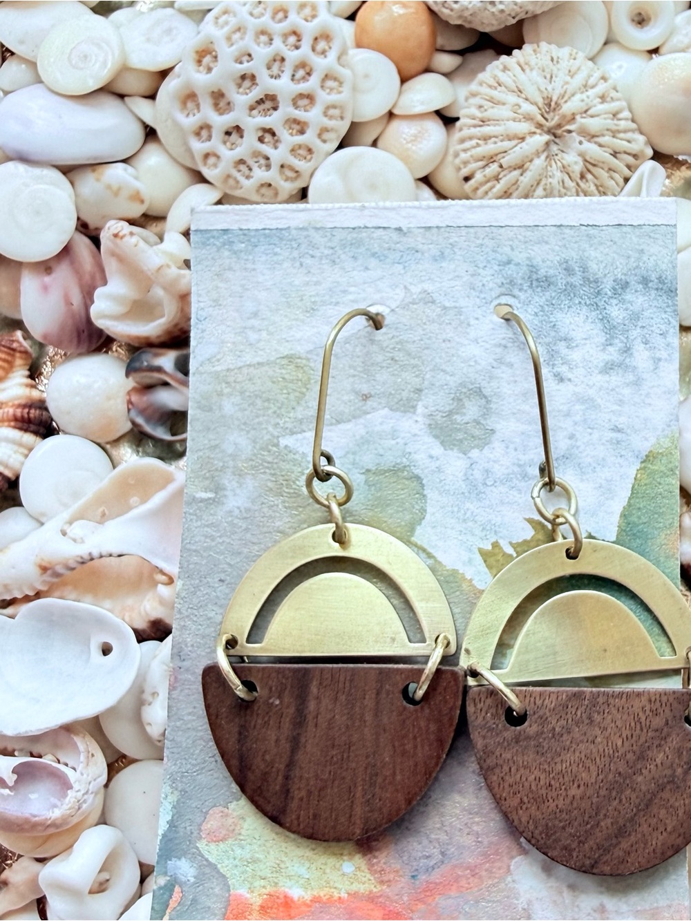 Brass and Wood Half-Moon Drop Earrings - handmade jewelry